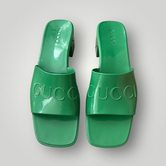 Gucci Rubber Logo Platform Slide Sandals Green - sz 40 - Picture 2 of 7